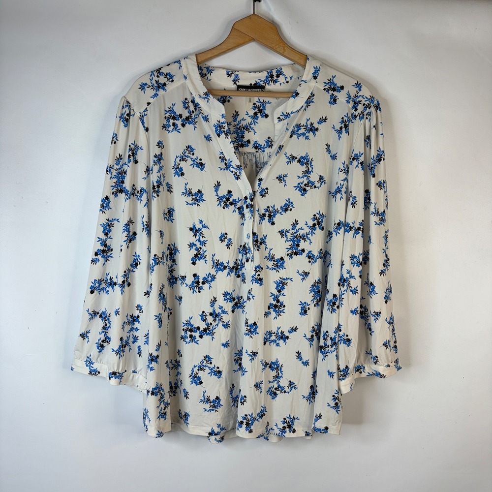 Karl Lagerfeld Blouse Women 3X White Blue Floral 3/4 Sleeve Split Neck Tunic